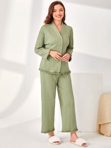 SHEIN Unity 前紐扣流蘇邊休閒服套裝 - 薄荷綠 - 查看 5