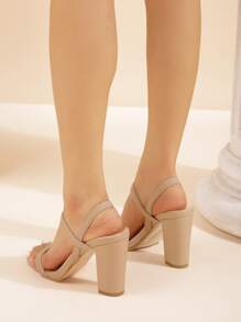 女士極簡粗跟露跟優雅夏天高跟涼鞋 - 杏色 - 查看 6