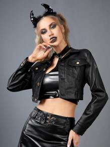 Cazadora mezclilla corta con bolsillo con solapa - Negro - Ver 1