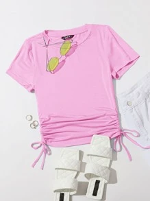 SHEIN EZwear Drawstring Side Solid Tee - Baby Pink - View 1