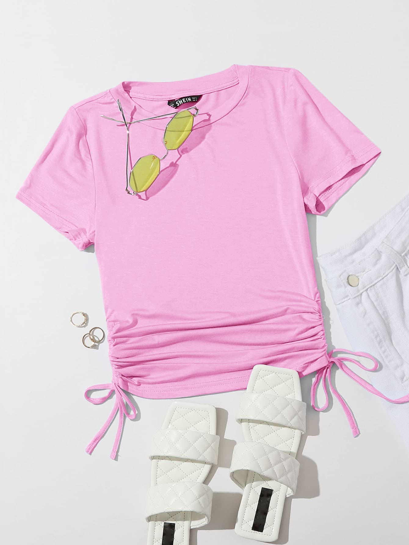 SHEIN EZwear Drawstring Side Solid Tee - Baby Pink - View 1
