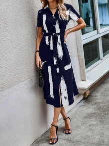 SHEIN Clasi 刷印花系腰带衬衫裙长款女装