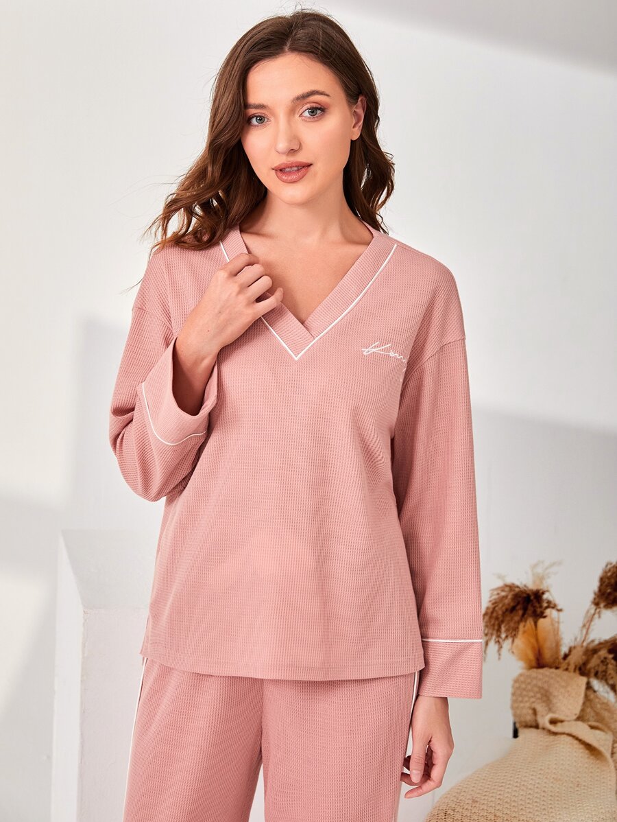 SHEIN Unity 字母刺繡拼接滾邊家居服上裝 - 藕粉色 - 查看 1