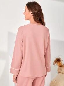 SHEIN Unity 字母刺繡拼接滾邊家居服上裝 - 藕粉色 - 查看 2