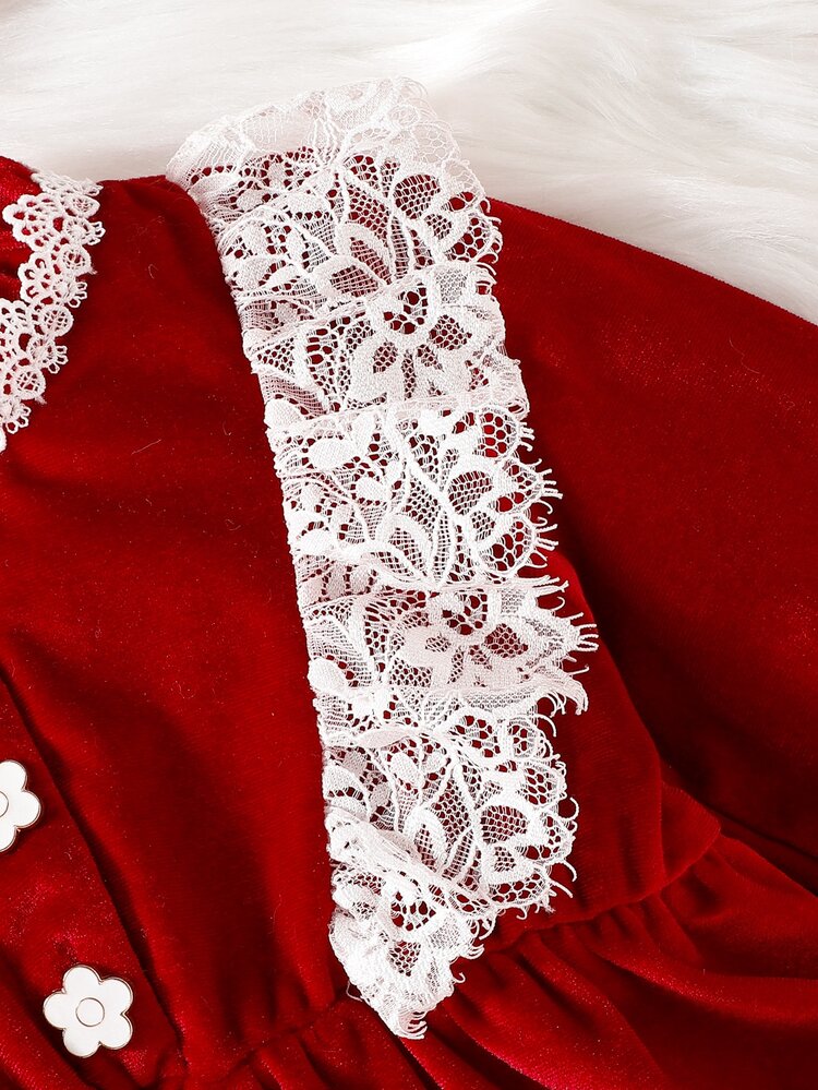 Bebé Vestido con encaje en contraste de manga con volante ribete con fruncido con diadema - Rojo - Añade 3