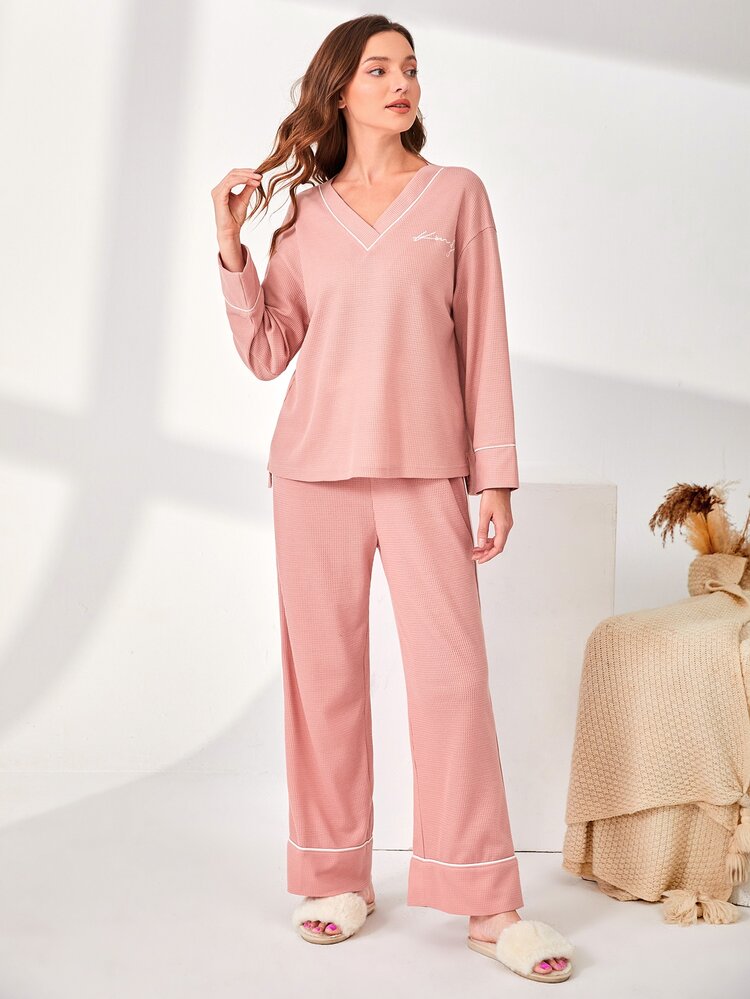 SHEIN Unity 字母刺繡拼接滾邊家居服上裝 - 藕粉色 - 查看 3