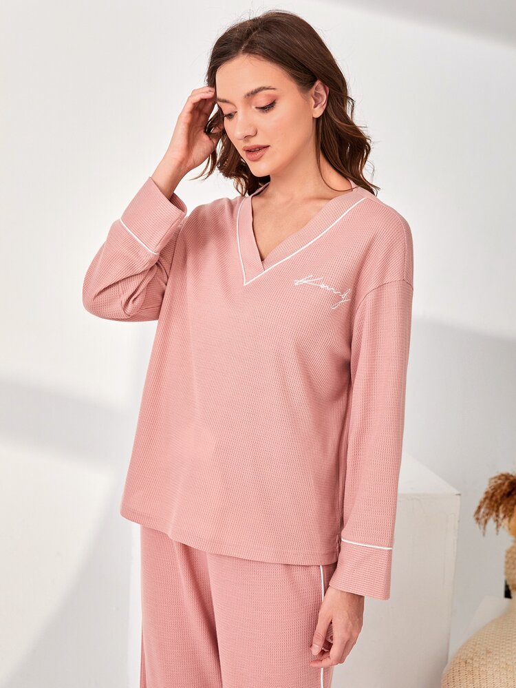 SHEIN Unity 字母刺繡拼接滾邊家居服上裝 - 藕粉色 - 查看 4