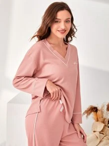 SHEIN Unity 字母刺繡拼接滾邊家居服上裝 - 藕粉色 - 查看 5