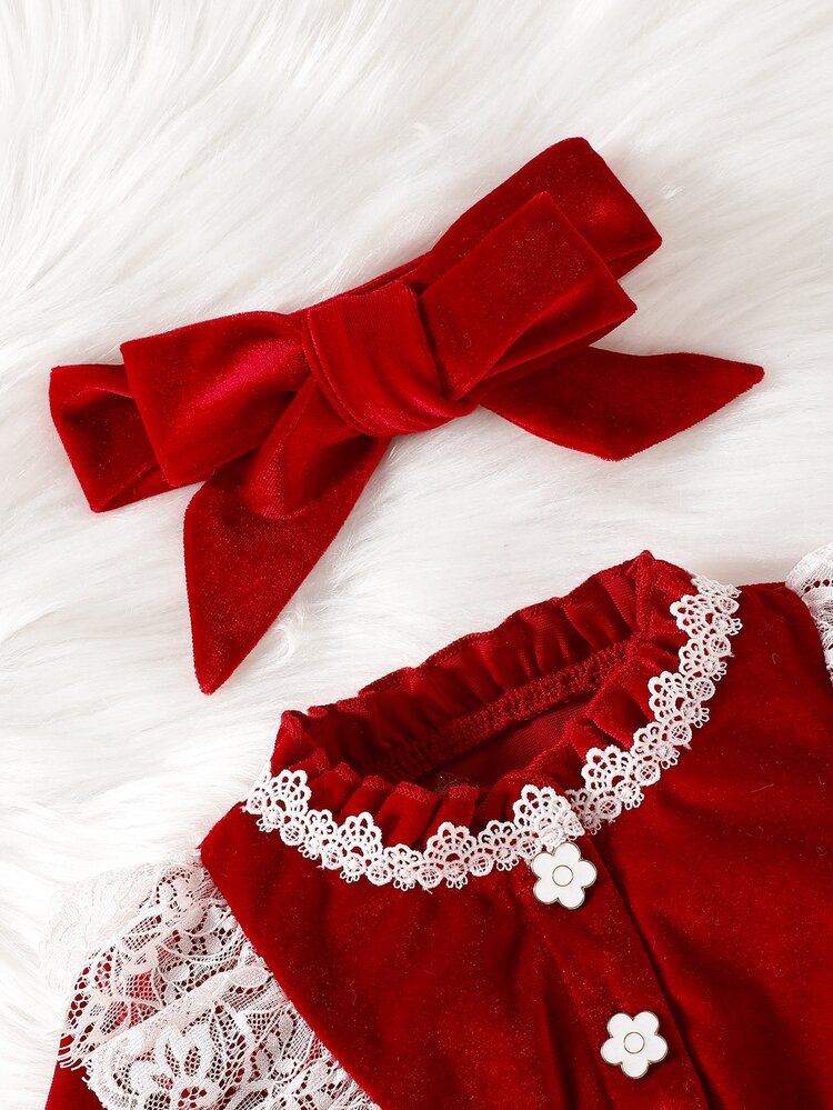 Bebé Vestido con encaje en contraste de manga con volante ribete con fruncido con diadema - Rojo - Añade 6