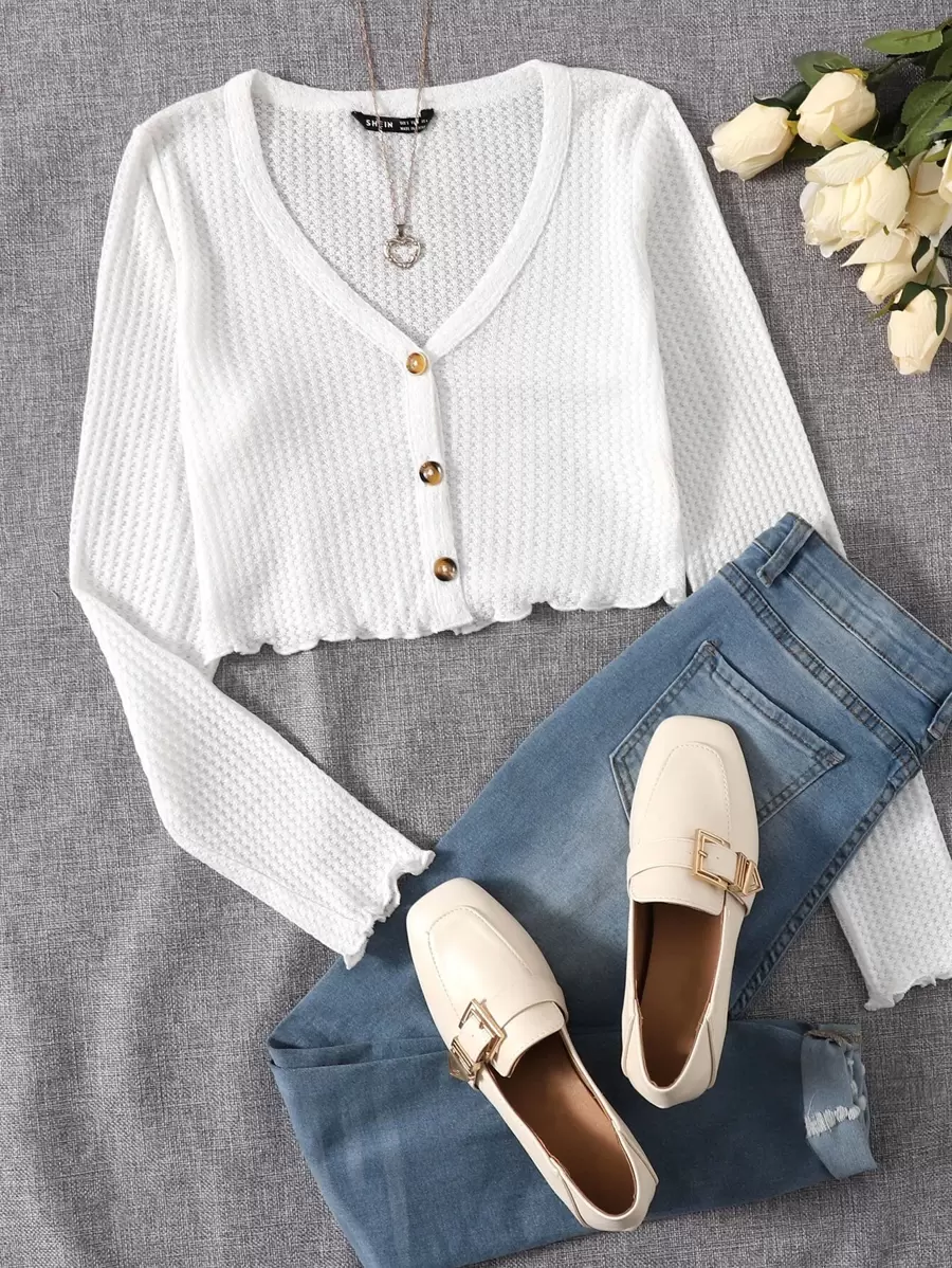 SHEIN EZwear Lettuce Edge Waffle Knit Button Up Top