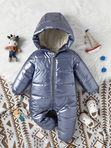 Baby Zipper Hooded Puffer Jumpsuit - Dusty Blue - View 1