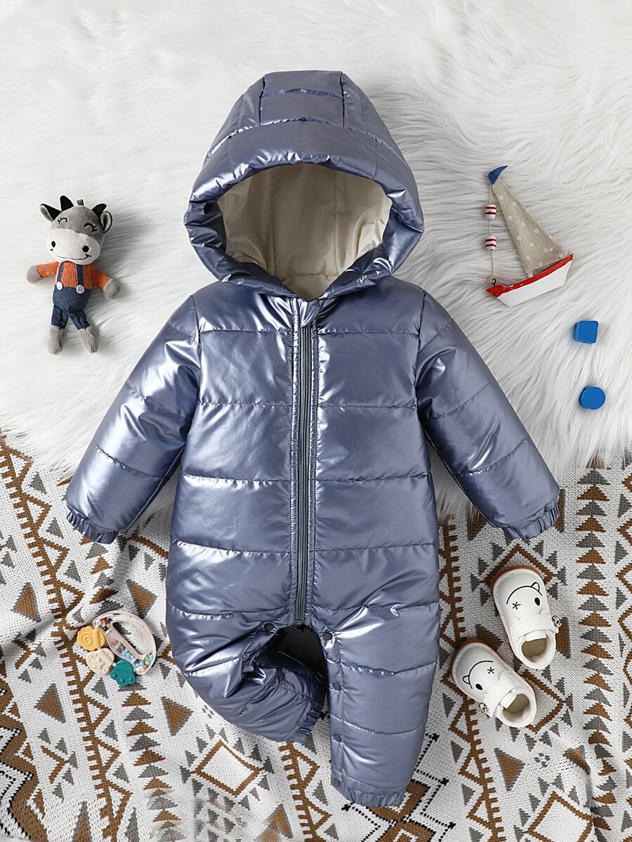 Baby Zipper Hooded Puffer Jumpsuit - Dusty Blue - View 1