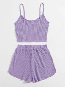 SHEIN EZwear 華夫格針織短版吊帶上衣和結飾腰短褲套裝 - 紫丁香色 - 查看 2
