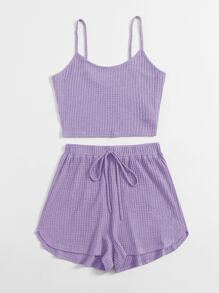 SHEIN EZwear 華夫格針織短版吊帶上衣和結飾腰短褲套裝 - 紫丁香色 - 查看 3