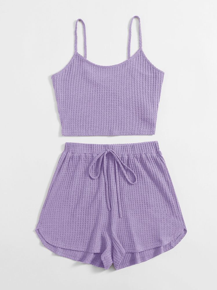 SHEIN EZwear Waffle Knit Crop Cami Top & Knot Waist Shorts Set - Lilac Purple - View 3