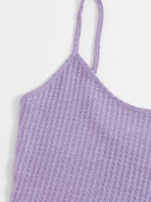 SHEIN EZwear 華夫格針織短版吊帶上衣和結飾腰短褲套裝 - 紫丁香色 - 查看 4
