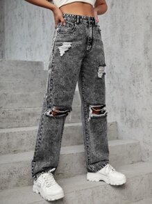 SHEIN EZwear High Waist Ripped Straight Leg Jeans
