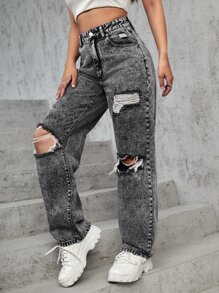 SHEIN EZwear High Waist Ripped Straight Leg Jeans
