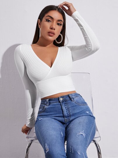 SHEIN EZwear 夏季服飾上衣v領肋針織短款t恤