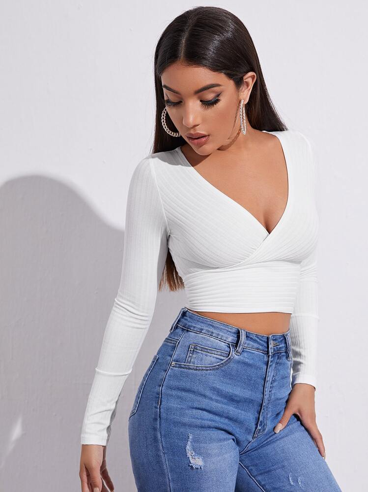 SHEIN EZwear Summer Outfits Surplice Neck Rib-Knit Crop Tee - White - View 3