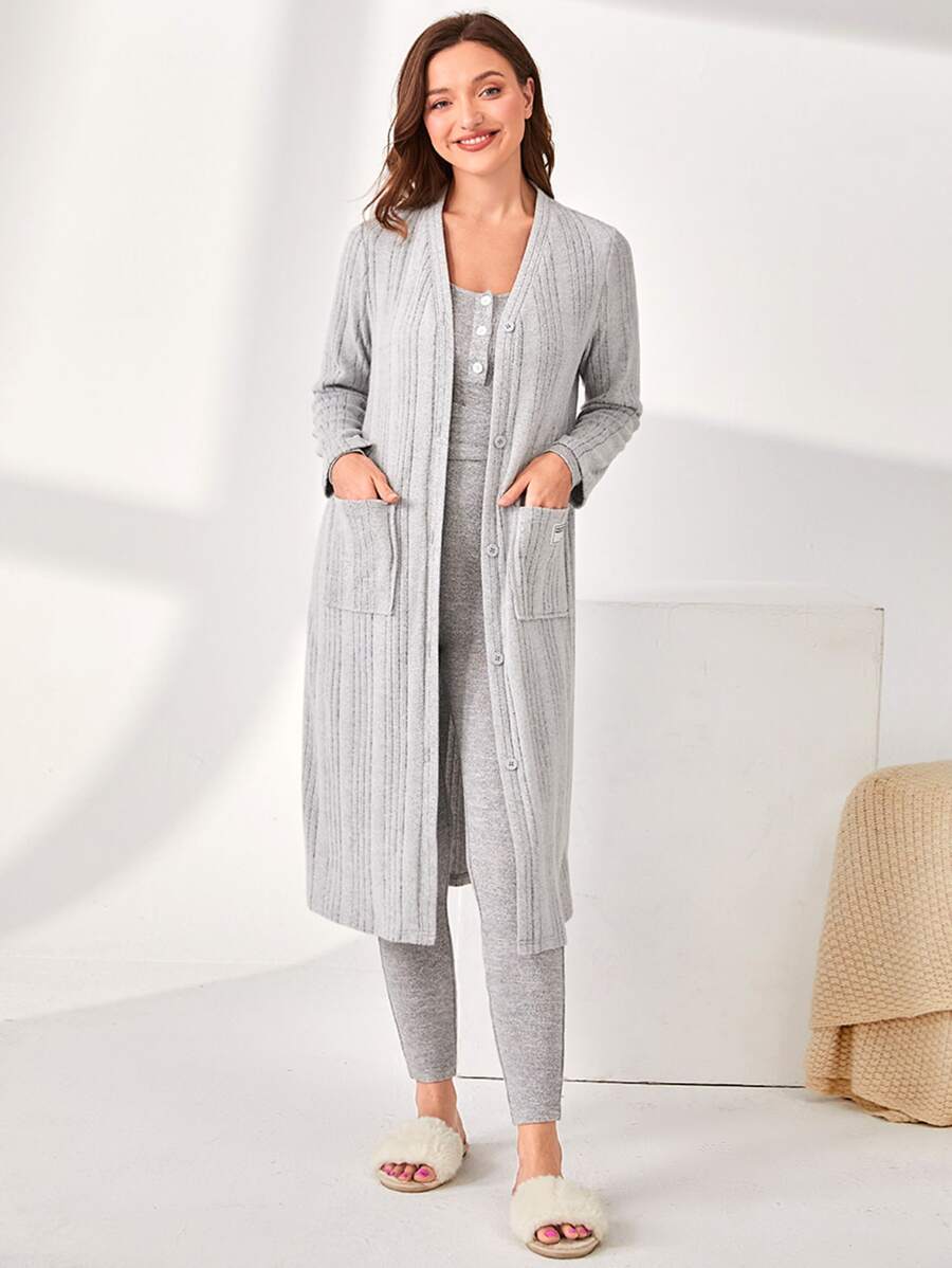 SHEIN Unity Áo choàng Nữ Đắp vá Túi Gân đan màu trơn Giải trí - Màu Xám nhạt - Xem 1