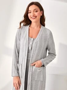 SHEIN Unity Áo choàng Nữ Đắp vá Túi Gân đan màu trơn Giải trí - Màu Xám nhạt - Xem 4