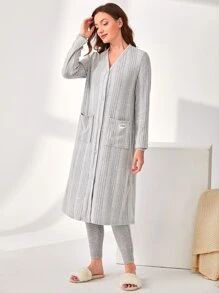 SHEIN Unity Áo choàng Nữ Đắp vá Túi Gân đan màu trơn Giải trí - Màu Xám nhạt - Xem 5