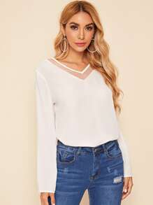 SHEIN Clasi 網紗拼接素色上衣 - 白色 - 查看 4