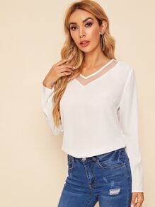 SHEIN Clasi 網紗拼接素色上衣 - 白色 - 查看 5
