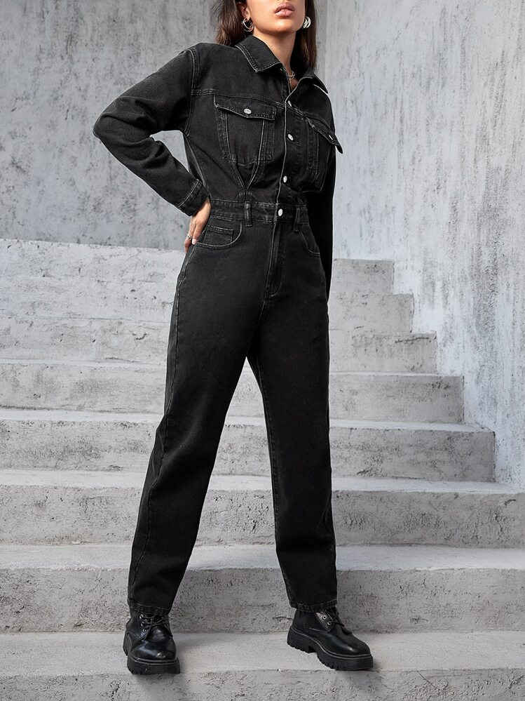 SHEIN EZwear フラップポケット ボタンフロント デニム ジャンプスーツ