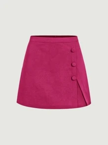 SHEIN MOD Falda unicolor con botón delantero con cremallera trasera - Rosa Fucsia - Ver 1