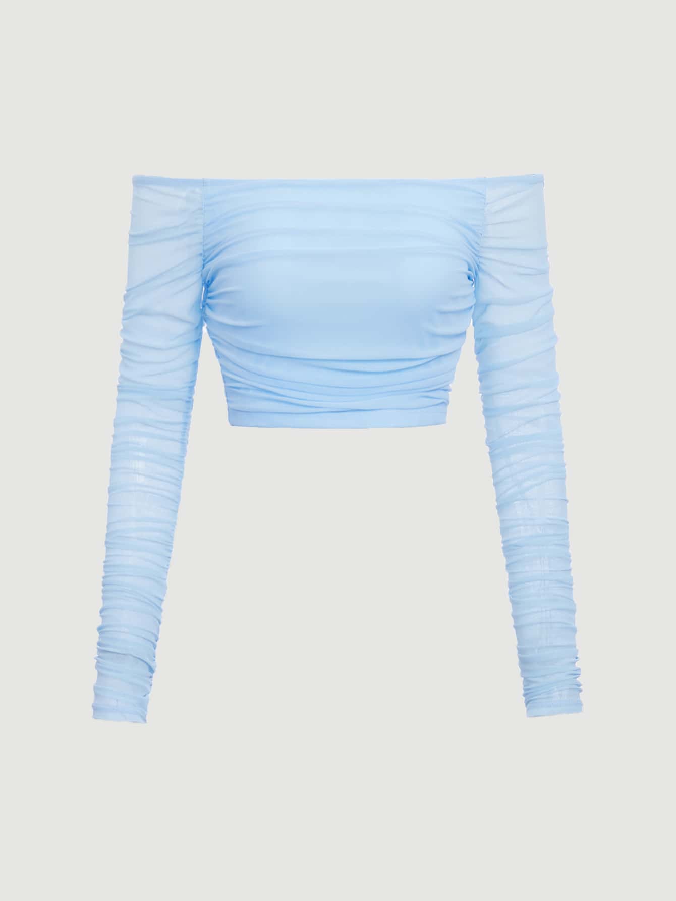 SHEIN MOD 一字肩褶邊網紗上衣 - 淺藍色 - 查看 1