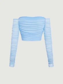 SHEIN MOD Off Shoulder Ruched Mesh Top - Baby Blue - View 2