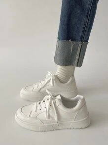 Casual Sneakers, Lace-Up Thick Sole Shoes, PU Leather, Versatile Retro Commuter Shoes - White - View 1