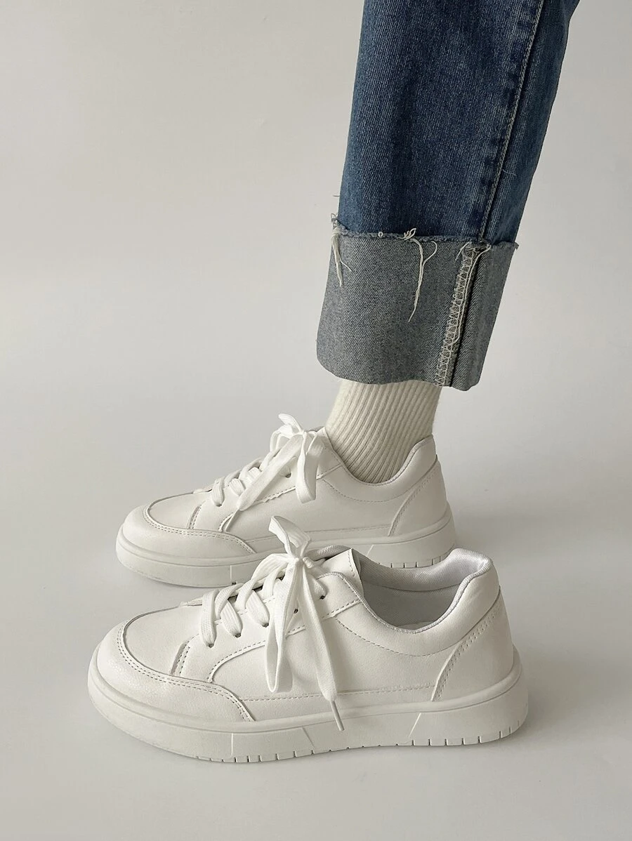 Casual Sneakers, Lace-Up Thick Sole Shoes, PU Leather, Versatile Retro Commuter Shoes - White - View 1