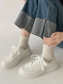 Casual Sneakers, Lace-Up Thick Sole Shoes, PU Leather, Versatile Retro Commuter Shoes - White - View 2
