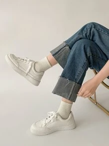 Casual Sneakers, Lace-Up Thick Sole Shoes, PU Leather, Versatile Retro Commuter Shoes - White - View 4