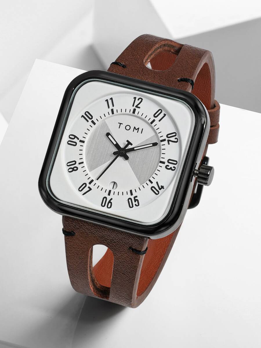 TOMI 1 chiếc đồng hồ nam dây da rỗng đẹp trai pin khô, thích hợp đeo hàng ngày khi đi làm và đi chơi, làm quà tặng cho học sinh trở lại trường - Cà phê nâu - Xem 1