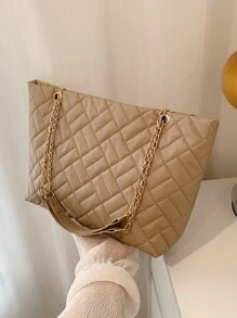 Nhẹ, di động, công suất lớn thông thường, Túi tote chi tiết chần bông thời trang, Túi xách da nhân tạo lớn thanh lịch, Túi đeo vai có dây chuyền thời trang dành cho nữ dành cho nữ, phụ nữ, sinh viên đại học, tân binh & công nhân cổ trắng cho mùa thu, mùa đông cần thiết, cho công việc, văn phòng, Đi làm, cho mùa thu đông, ngoài trời - Màu Khaki - Xem 6