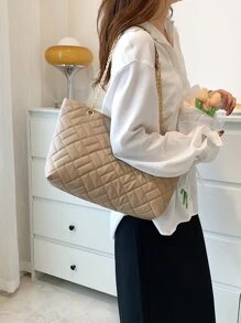 Nhẹ, di động, công suất lớn thông thường, Túi tote chi tiết chần bông thời trang, Túi xách da nhân tạo lớn thanh lịch, Túi đeo vai có dây chuyền thời trang dành cho nữ dành cho nữ, phụ nữ, sinh viên đại học, tân binh & công nhân cổ trắng cho mùa thu, mùa đông cần thiết, cho công việc, văn phòng, Đi làm, cho mùa thu đông, ngoài trời - Màu Khaki - Xem 2