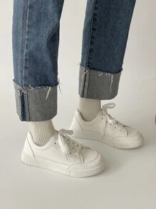 Casual Sneakers, Lace-Up Thick Sole Shoes, PU Leather, Versatile Retro Commuter Shoes - White - View 5