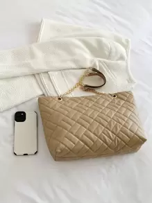 Nhẹ, di động, công suất lớn thông thường, Túi tote chi tiết chần bông thời trang, Túi xách da nhân tạo lớn thanh lịch, Túi đeo vai có dây chuyền thời trang dành cho nữ dành cho nữ, phụ nữ, sinh viên đại học, tân binh & công nhân cổ trắng cho mùa thu, mùa đông cần thiết, cho công việc, văn phòng, Đi làm, cho mùa thu đông, ngoài trời - Màu Khaki - Xem 4