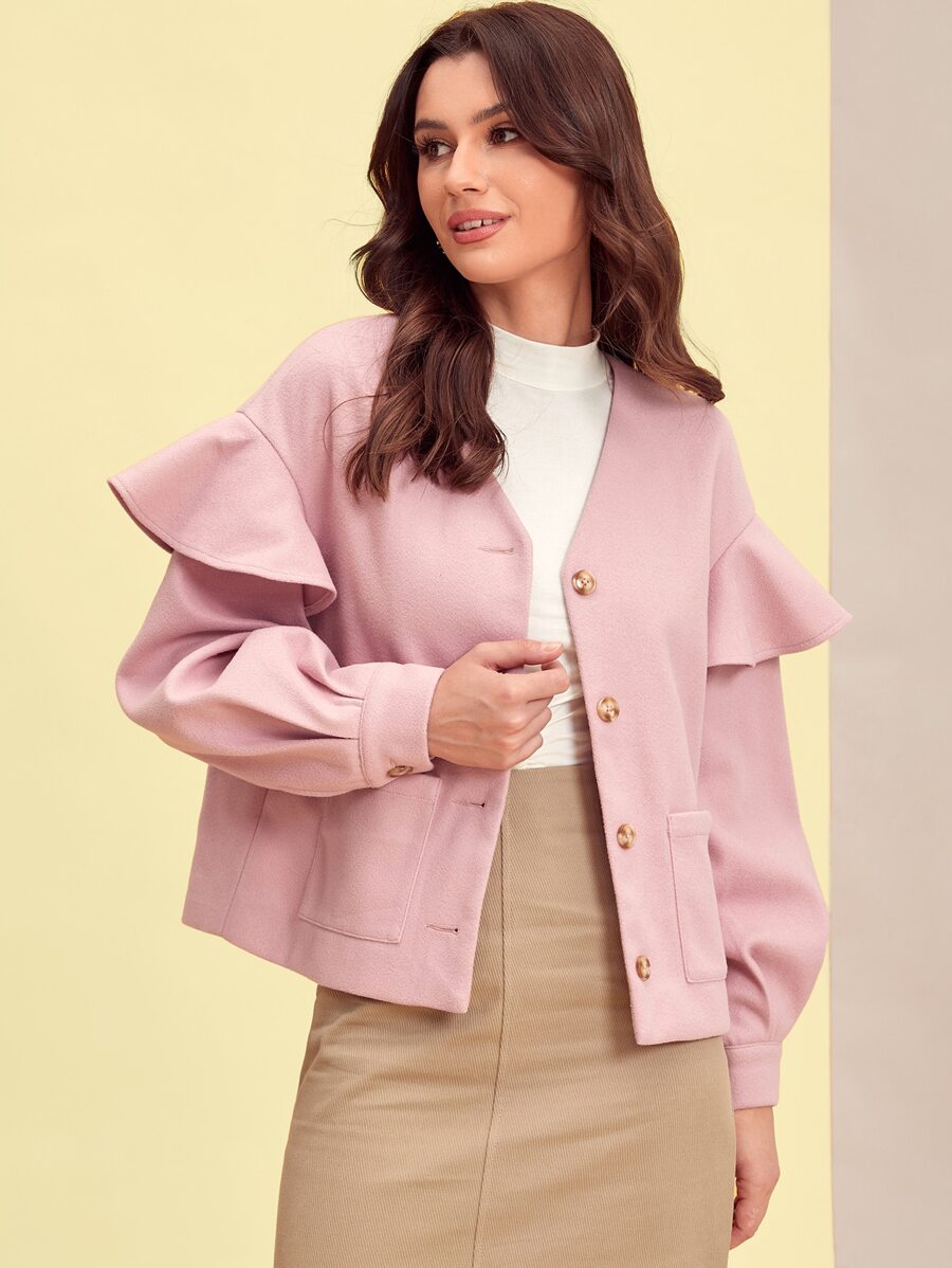 Mulvari Pocket Front Ruffle Trim Overcoat - Pink - View 1