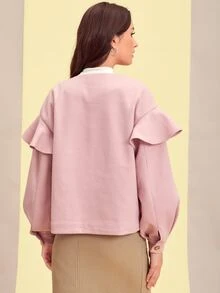 Mulvari Pocket Front Ruffle Trim Overcoat - Pink - View 2