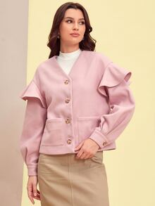 Mulvari Pocket Front Ruffle Trim Overcoat - Pink - View 4
