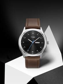 1pc TOMI Men's Dual Calendar Leather Strap Quartz Watch, Fashion Minimalist Design Suitable For Daily Life, Holidays, Back To School Season - Brown - View 4