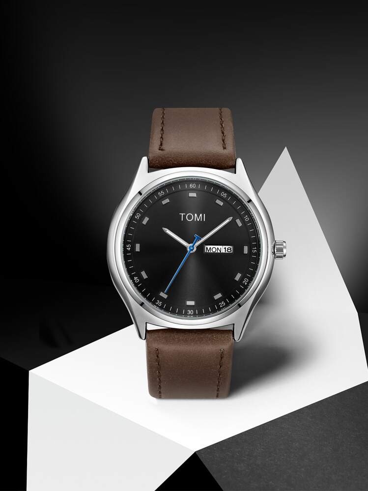 1 件 TOMI 男士双日历皮革表带石英手表，时尚简约设计适合日常生活、假期、返校季节 - 棕色 - 查看 4