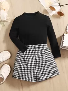 SHEIN Đứa bé gái Gân đan Áo thun & Họa tiết Nanh sói Chi tiết nếp Quần short - màu đen - Xem 1