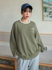 DAZY Sudadera con caída de hombros y bordado de letras, ropa de otoño - Verde Oliva - Ver 4