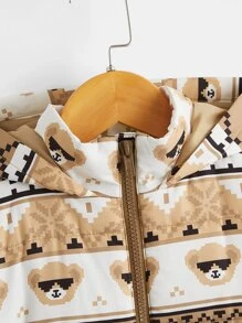 SHEIN 年轻男孩几何与卡通图案拉链连帽棉服外套